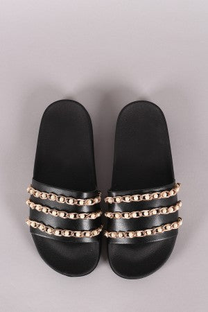 Leather Pearl Chain Link Slippers